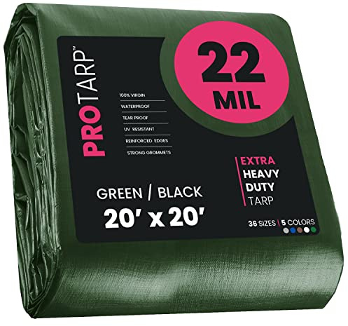 PROTARP Extreme Heavy Duty 22 Mil Tarp Cover, Waterproof, UV Resistant, Rip and Tear Proof, Poly Tarpaulin with Reinforced Edges for Roof, Camping, Patio, Pool, Boat. (Green/Black 20′ X 20′)