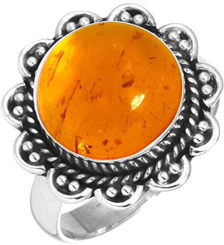 Jeweloporium Anello in argento con ambra arancione, misura 29, anello in argento sterling 925 per donna, gioiello fatto a mano con pietra preziosa rotonda spessa