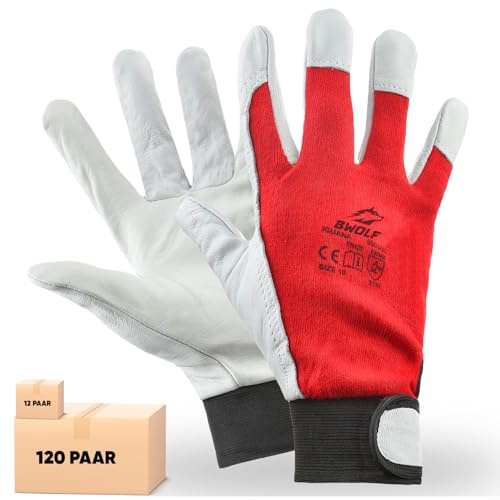 BWOLF IGUANA 12/60 Paar Arbeitshandschuhe Herren Lederhandschuhe Schutz Handschuh dornenfest, reißfest mit Klettband (12 paar, Größe 10 (12er Pack))