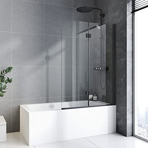 Badewannenaufsatz 120 x 140cm Duschwand für badewanne ‎Schwarz-matt Faltbar Nano Badewannen-Duschwand mit 6mm Nano Easy Clean Glas Beidseitig Montierbar Schönes ‎Schwarz-matt
