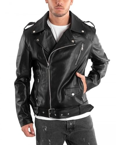 Giosal Giubbotto Uomo Chiodo Ecopelle Tinta Unita Nero Casual Biker Maniche Lunghe (Nero, XL)