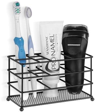 Linkidea Soporte de Cepillo de Dientes ventilado montado en la Pared, Soporte de Cepillo de Dientes eléctrico Antideslizante, Estante Multifuncional 7 Ranuras para maquinilla Afeitar, Peine (Negro)