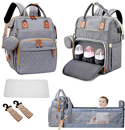 Fexkean Sac à Dos à Langer pour Bébé, Sac à Dos Pour lit bébé, Sac à langer de voyage portable avec lit pliable Grande Capacité Sac à Couches Multifonction Imperméable-(Gris)