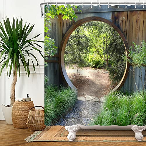 Bovlleetd Grüner Wald Duschvorhang 183x183 cm Natürliche Landschaft Rustikale Kreisbogen Garten hölzerne Tür Weg, Wasserdicht, Waschbar Polyester Badevorhänge mit 12 Haken für Badezimmer, Badewanne