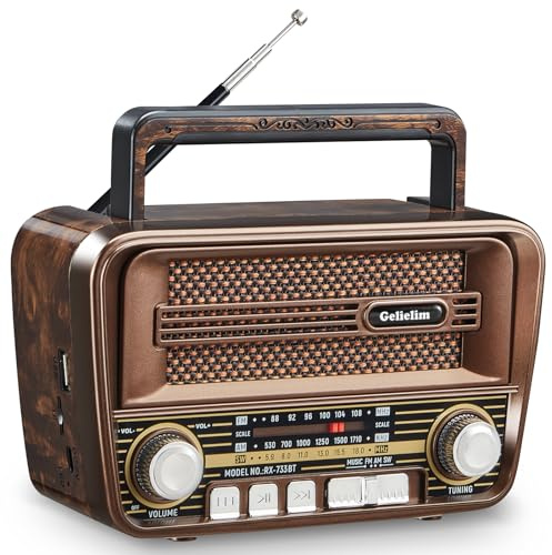 Gelielim Portable Radio AM FM, Vintage Retro Bluetooth 5.3 Speaker, Shortwave Radio Support TF Card/USB, Battery Powered, Gift for Elderly, Retro Vintage Decor for Home, Brown