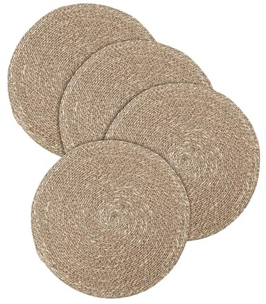 Hausattire Runde gewebte Platzsets, 4er-Set, natürlich, Seegras, rustikal, hitzebeständig, für Hochzeit, Restaurants, Party, Rattan, Boho, leicht zu reinigen, kreisförmiges Platzset für Küche, 74108