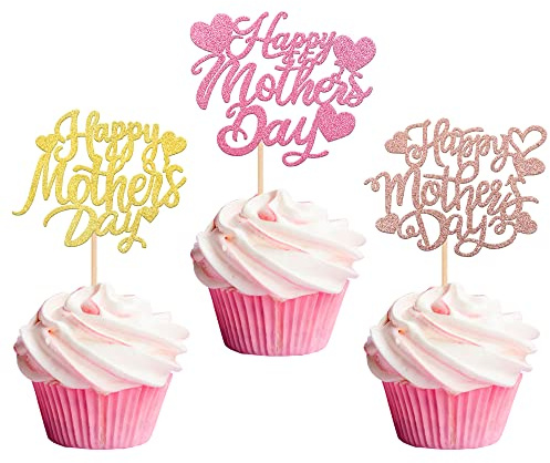 Xsstarmi 30 Pack Happy Mother's Day Cupcake Toppers Glitter Heart Best Mom Cupcake Picks for Happy Mother's Day Theme Birthday Party Cake Decorations Supplies Multi