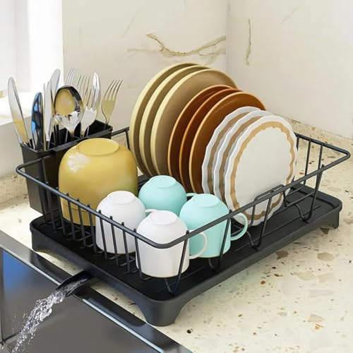 APACALI 1 Stück Abtropfgestell Geschirr Klappbar, 42x30x13CM Geschirrablage mit Abtropfschale, Geschirrabtropfgestell Edelstahl mit Besteck Halterung, Geschirr Abtropfständer für Küchenspüle