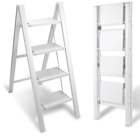 Eulenke 4 Stufen Leiter Aluminium Klappleiter, Klappbar Leichte Stehleiter, Trittleiter 4 Stufen, rutschfeste Leiter mit Klappsicherung, Klappleiter für Haushalt, Küche, Belastbar bis 150 kg, Silbrig