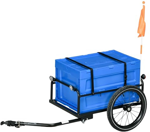 HOMCOM Remolque de Bicicletas, Carro de Carga para Bicicletas, Vagón de Bicicletas con Caja de Almacenaje Plegable de 65L, Ruedas Neumáticas Grandes y Reflectores Seguros, Carga Máxima 40KG, Azul