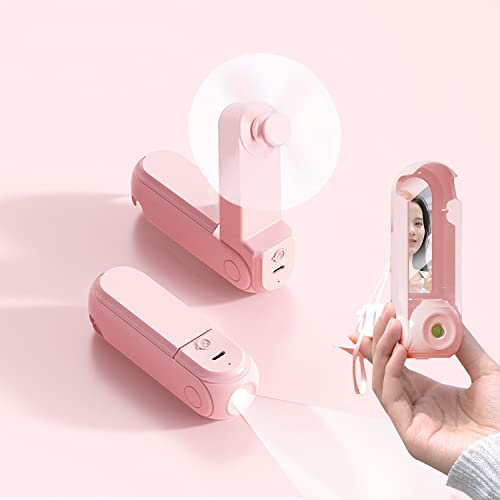 LANKOER 4 IN 1 Portable Handheld Fan with Mirror Flashlight Phone Holder, Mini Foldable Pocket Desk Fan, USB Rechargeable Battery Operated, 6-20 Work Hours for Travel Camping (Pink)
