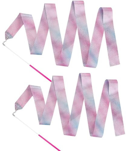 Sufune 2 Cintas de Baile 2m Cinta de Danza Seda Colores Gimnasia Ritmica para niñas niños artistico Danza Gimnasia Ritmica Purpurina Adultos con bastón Brillante de 2 Metros