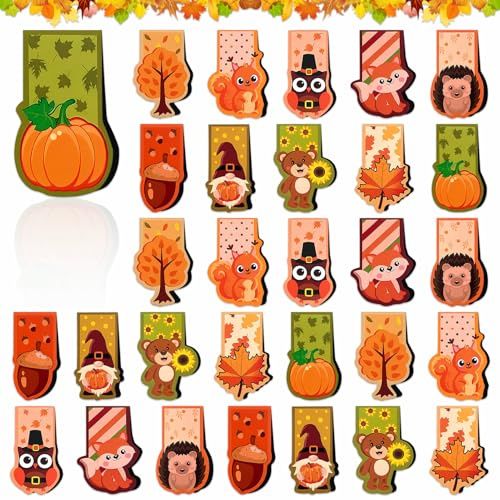 Lets Joy Herbst Magnetische Lesezeichen, 30 Stück Thanksgiving Lesezeichen Magnetisch, Erntedankfest Bunt Eule Igel Ahornblatt Party Geschenke