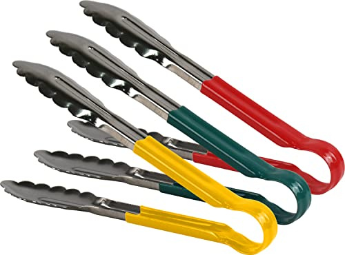 Stainless Steel Multi-Colour Kitchen Tongs Set, Non-Stick, for Air Fryer, Salad, Pasta, BBQ Servings (9'' (Red, Green, Yellow))