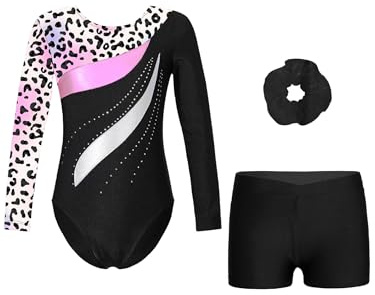 Fldy Mädchen Gymnastikanzug Langarm Bedruckte Turnbody Gymnastik Shorts Haargummi 3er Set Kinder Ballett Tanzkleidung Wettkampf Outfit Leopard 122-128