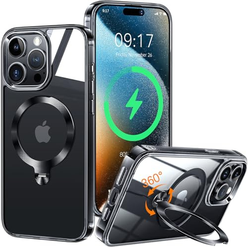 HaloArt 360° vridbart magnetstativ fodral för iPhone 13 Pro Max [stabil CD-ringhållare] [N.1 magnetisk kraft och militärt skydd] smalt stötsäkert skyddsfodral, svart