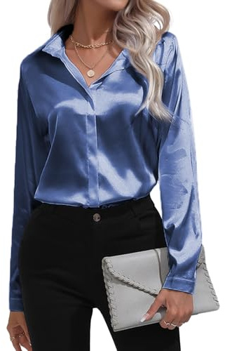 MGizo DtiSpectrum Camisa de Satén para Mujer - Manga Larga con Botón, Cuello en V sin Botones, Elegante para Oficina y Casual