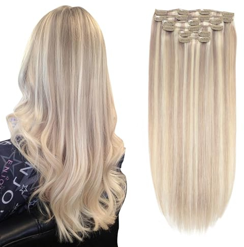 XDhair Clip in Extensions Echthaar Blond Echthaar Extensions 35cm 100g 6 Stück Ashblond Highlight Gebleichtes Blond Clip in Remy Haarverlängerungen Echthaar（#18P613-14 Zoll）