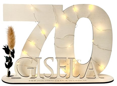 Manufaktur Liebevoll 70 Geburtstag Geschenk Frauen & Männer Geldgeschenke Geburtstag 70 mit LED Lichterkette I Gästebuch Holz 70 Geburtstag Deko I Personalisiertes Geburtstagsgeschenk mit Namen (70)
