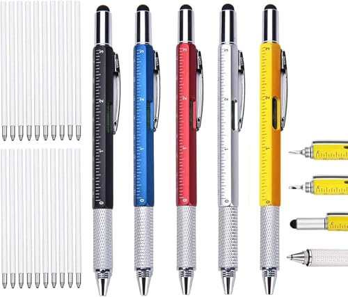 KEWAYO Multifunktionsstift 5 pack, 6 IN 1 Multifunktions Kugelschreiber mit Lineal, Wasserwaage, Stylus, Schraubendreher, Minen, kreative Geschenke für Männer (gelb, schwarz, gold, silber) (5)