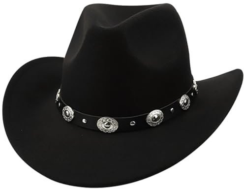 Licsaliwe cowboyhatt, klassisk svart cowgirlhatt med metallspännesbälte, västerländsk huvudbonad med justerbar rem och svettband, bärbar cowboyklädsel för damer