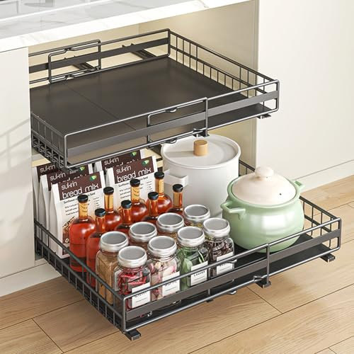 IVTUVTI 2 Pack erweiterbarer Kabinett Organizer, Teleskoper -Schrank -Organizer für Küche, verstellbare Breite Schrank Organizer, Auszug Schubladenregal -Lagerung für Schränke mit Klebstoff (Schwarz)