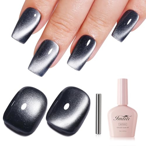 Imtiti Schwarz UV Gel Nagellack mit Magnet, 10ML Holografischer Glitzer Schimmer Magnet Cat Eye UV Gel Lack für Nageldesign