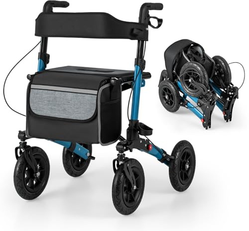 COSTWAY Deambulatore Pieghevole per Anziani in Alluminio, Rollator Regolabile in Altezza con Seduta, Schienale e Freni, Girello per Anziani con Borsetta, Carico Massimo 140 kg (Blu)