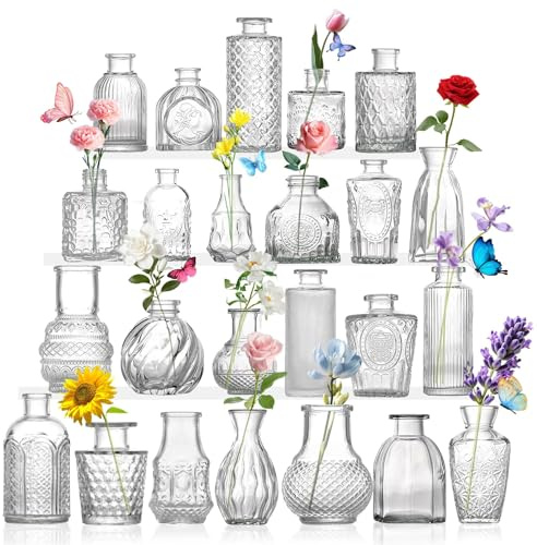 BBWELL Mini Vaso Vetro per Matrimonio,24 Vintage Vaso Fiori Vetro,Vasi in Vetro Mini Vasos Trasparente per Composizioni Floreali,Centrotavola per Matrimoni, Decorazioni per la Casa e le Feste