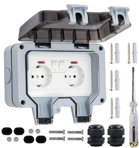 QUTIASE Enchufe Pared Superficie Exterior Estanco, Enchufe Superficie Doble Exterior Impermeable, Toma de Corriente IP66 con Interruptor y Luz, 16A, Gris