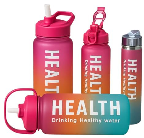 Terryshop74 Set 4 Borracce con Cannuccia Chiusura Ermetica – Capacità 3,3 L, 2 L, 1 L, 0,3 L – Manico Trasporto – Kit Vacanze, Spiaggia, Montagna, Picnic – 3 Colori a Scelta (Fuxia Fantasy)