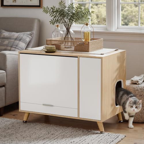 DAWNYIELD Katzenschrank mit Klappe nach Oben Tür & Schublade, 80x50x60 cm | Katzentoilette Versteck als Beistelltisch, Katzenschlafhaus mit Stauraum, Katzenhaus in Holzoptik, Indoor Katzenhöhle
