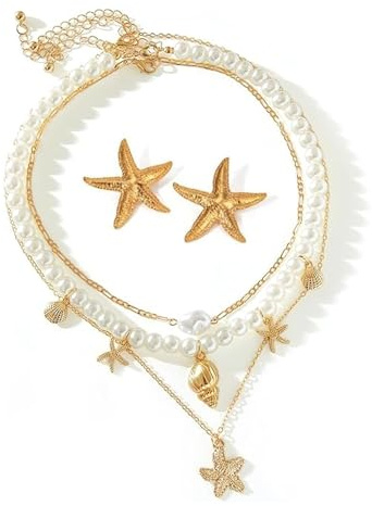 PacuM 2 Stück Seestern Kette Schmuckset Boho Starfish Necklace Verstellbar Muschelkette Seestern Ohrringe Gold Sommer Schmuck Damen Mermaid Jewelry für Den Alltag Feiertage Anlässe