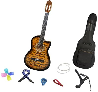 Guitarra acústica para principiantes con bolsa de concierto y accesorios, guitarra clásica de cuerda de nailon con parte superior de abeto para viajes y actuaciones, 40.16 pulgadas, amarillo brillante