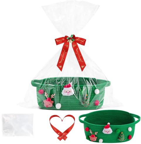 Yiomxhi Geschenkkorb Leer Präsentkorb mit Cellophantüte und Schleife, Geflochten Korb Aufbewahrung für Geschenke mit Griffen für Babyparty Hochzeit Geburtstag Weihnachten (Grün)