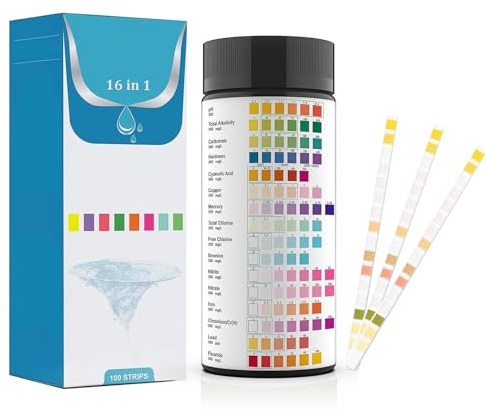 Bandelettes De Test d'Eau 16-En-1 (100 Pièces), Analyse Rapide Du Ph, Chlore, Dureté, Plomb & Mercure, pour Eau Potable, Piscine, Aquarium Et Spa, Résultats En 60 Secondes