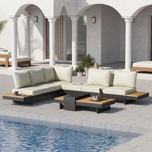 Homary 6-Sitzer Garten Lounge Set mit Aluminiumrahmen und Teak | Modulare Gartenlounge mit 12 cm Polstern für Familie und Gäste
