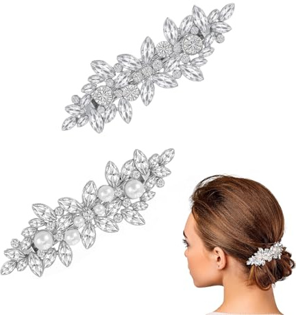 Haarspangen Haarspange Haarklammer Set Haarschmuck Silber für Frauen 2er Pack Strass Kristall Haarclip mit Perlen Braut Hochzeit Haarzubehör Retro Französische Design Haarnadeln Damen Silber