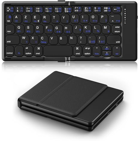TiMOVO Clavier Bluetooth AZERTY pour Windows iOS Android Mac, Noir | Mini Clavier sans Fil Pliable de Voyage, Portable Rechargeable pour iPad, iPhone, Tablette, PC & Portable, Smartphone