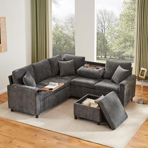 Merax Chenille Ecksofa mit Schlaffunktion, Ausziehsofa mit Hocker und integriertem Tisch, Leselampe, USB & Type-C Ladeanschlüsse, Multifunktionaler Couchtisch, 205×205×85 cm, Grau