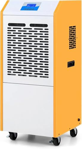 KOMFOTTEU Deshumidificador industrial de 90 litros, secador de construcción con bomba, manguera de drenaje y ruedas, descongelación automática, temporizador de 24 horas, para hasta 120 m² sótano