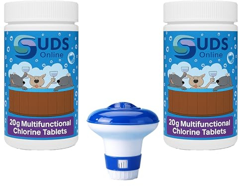 SUDS-ONLINE 100 X Chlorine 20g Multifunctional Tablets for Spa/Hot Tub/Swimming Pool With Floating Dispenser