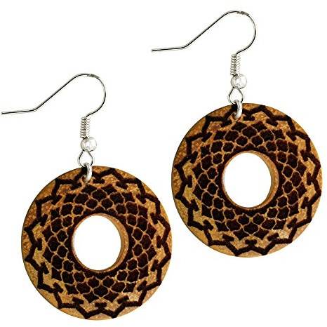 CHICNET Ohrringe Jackfrucht Holz rund Edelstahl Silber Bügel braune Gravur Om Blume Baum des Lebens leichte Ohrhänger Organic Tribal Ohrschmuck Celtic Viking Wikinger Nordic Vegvisir Energie