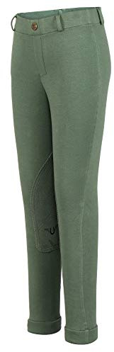 TuffRider Children's Starter Lowrise Pull-On Jods | Children UltraGripp Knee Patch Horse Riding Pants | Children's Equestrian Schooling Tights (US - 12 / UK - 16, Duck Green)