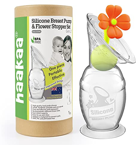 Extractor de Leche Manual de Silicona con Base de Succión + Tapón Flor Antiderrames Naranja – Sacaleches 150 ml para Lactancia Materna – Portátil, Reutilizable y Fácil Limpieza – Libre de BPA – Haakaa