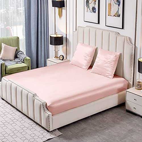 THXSILK 25 Momme Seide Bettwäsche Set 3 teilig mit Spannbettaken 140x200 und Kissenbezüge 80x80 aus Natürlich Seide für Standardmatratze 30cm, Rosa