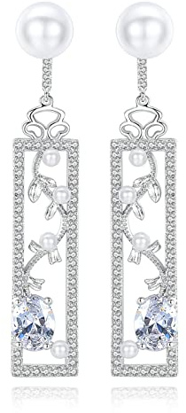 Beydodo Silber Ohrringe Hängend Modeschmuck, Damen Ohrringe Vergoldet Lange Quadrat mit Zirkonia und Perlen Ohrringe Nickelfrei für Frauen Mädchen