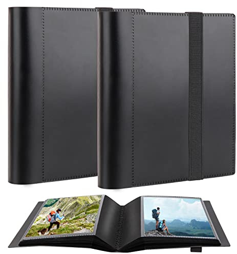 2Packs 5x7 Photo Album Holds 64 Photos Black Inner Pages with Strong Elastic Band, Small Photo Album 5x7, Mini Picture Book for 5 x 7 Artwork, Pictures, Kids Art Storage, Postcards, Drawings (Black)