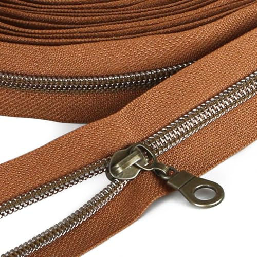 Sawoake 9m Bulk Zipper, (#5) Reißverschlüsse zum Nähen, Brown Nylon Coil Zipper mit Rose Gold zähnen, Ersatz Nähreißverschluss mit 10PCS Reißverschluss Sliders(#5 Brown Antique Brass)