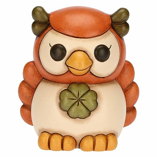 THUN, Gufo Lucky Arancione con Quadrifoglio in Ceramica Decorata a Mano, Linea Racconti d'Autunno, 9.1x8.2x10.9 cm h